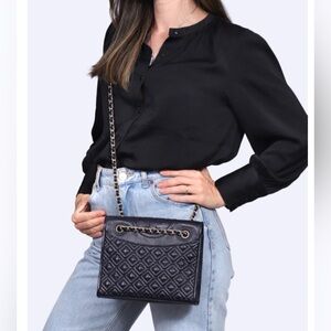 Tory Burch Leather Shoulder Bag Black Double Chain Strap Snap Flap Handbag NWOT